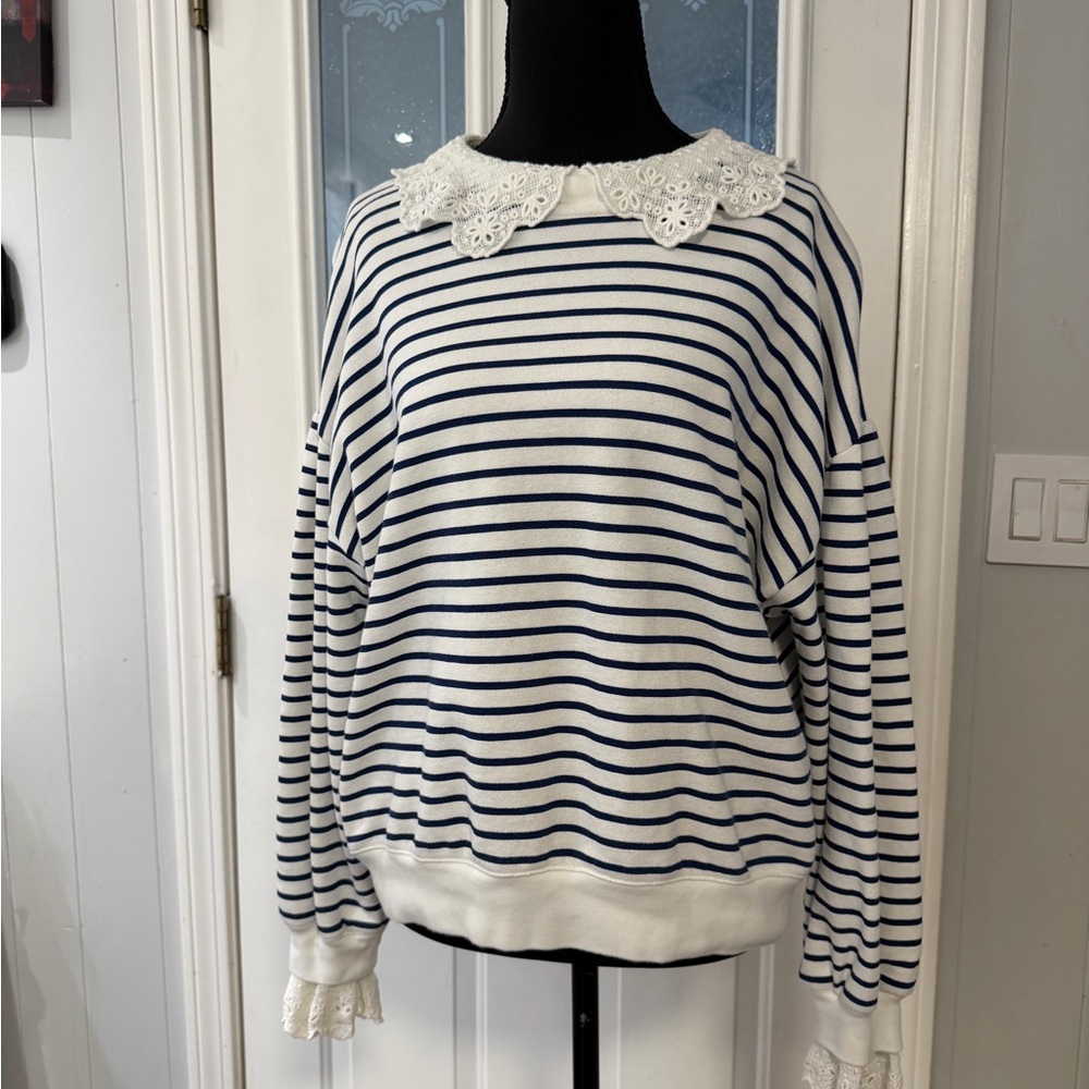 J. Crew Navy and White Striped Sweater with Lace Accents
